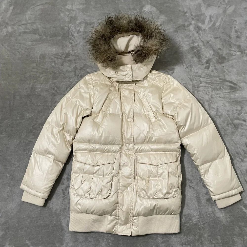 GAP Kids Girls Ivory Puffer Down Jacket Faux Fur Hood Size XXL 14-16